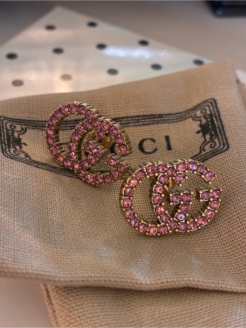 Gucci Pink Crystal Double G Stud Earrings